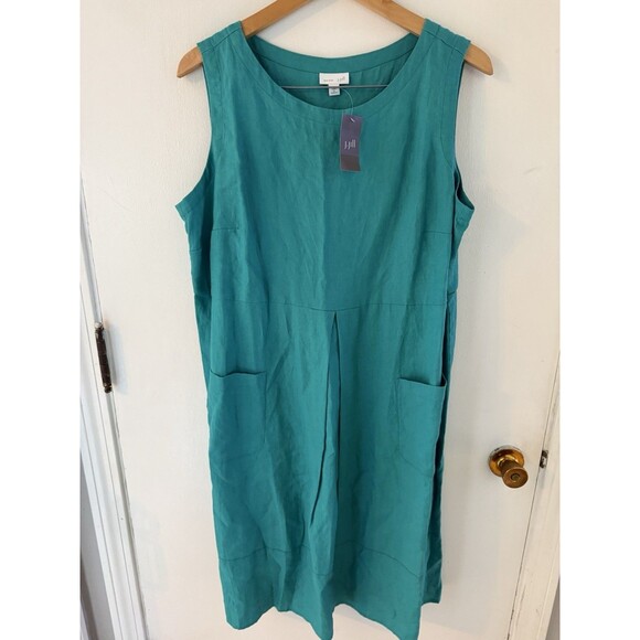 J Jill Women’s 1X Dress Linen Teal Green Sleeveless Pockets Mid Length Dress - Picture 1 of 7